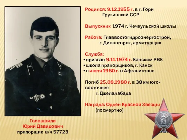 Голошвили Юрий Давидович прапорщик в/ч 57723 Родился: 9.12.1955 г. в г. Гори