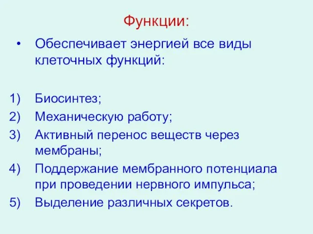 Функции: Обеспечивает энергией все виды клеточных функций: Биосинтез; Механическую работу; Активный перенос