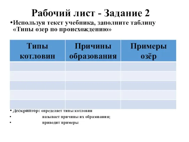 Рабочий лист - Задание 2 Используя текст учебника, заполните таблицу «Типы озер