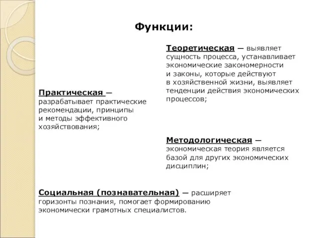 Теоретическая — выявляет сущность процесса, устанавливает экономические закономерности и законы, которые действуют