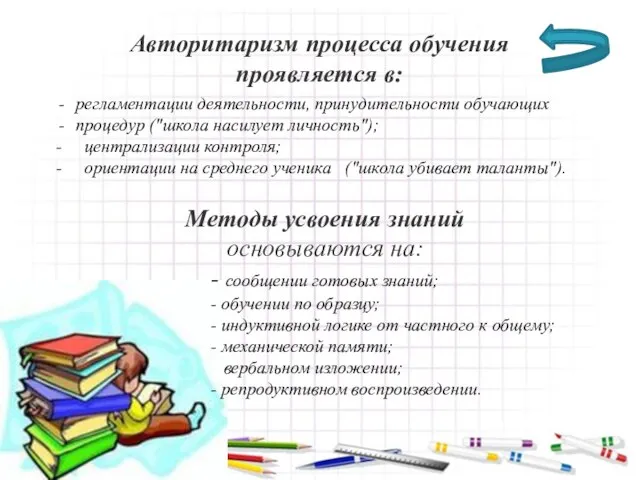 Авторитаризм процесса обучения проявляется в: регламентации деятельности, принудительности обучающих процедур ("школа насилует