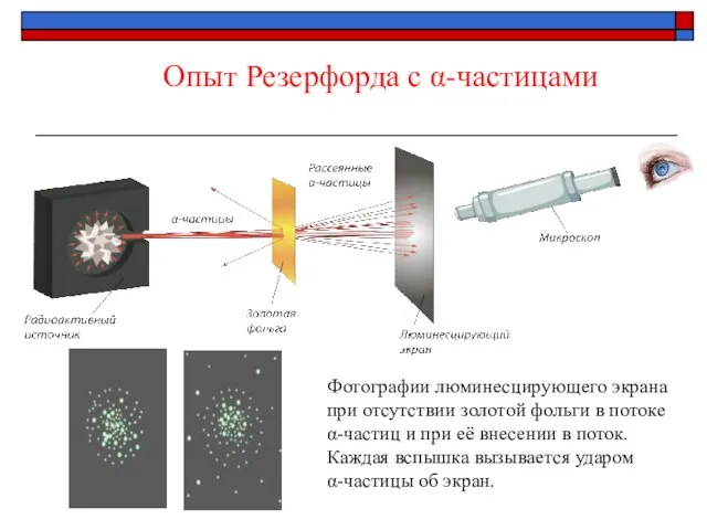 Опыт Резерфорда с α-частицами Фотографии люминесцирующего экрана при отсутствии золотой фольги в