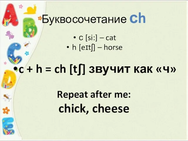 Буквосочетание сh с [si:] – cat h [eɪtʃ] – horse c +