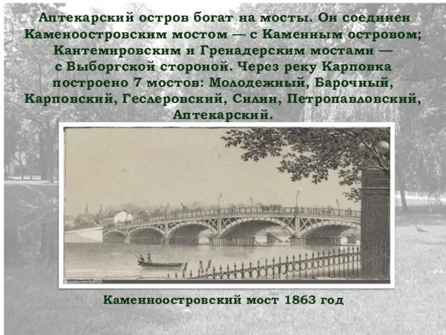 Аптекарский остров богат на мосты. Он соединен Каменоостровским мостом — с Каменным