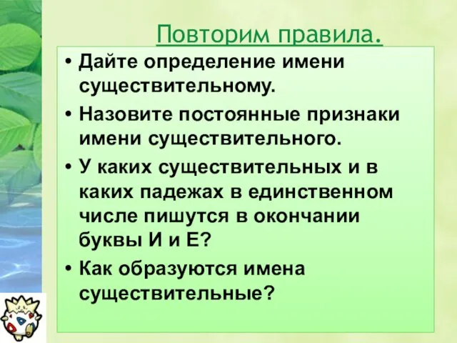 Повторим правила. Дайте определение имени существительному. Назовите постоянные признаки имени существительного. У