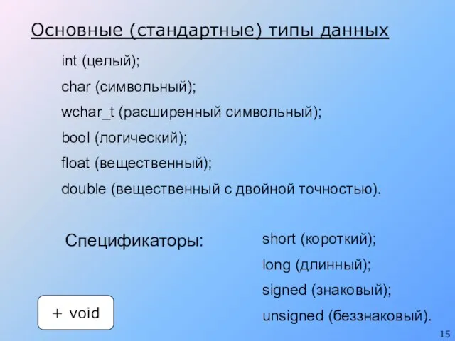 Основные (стандартные) типы данных int (целый); char (символьный); wchar_t (расширенный символьный); bool