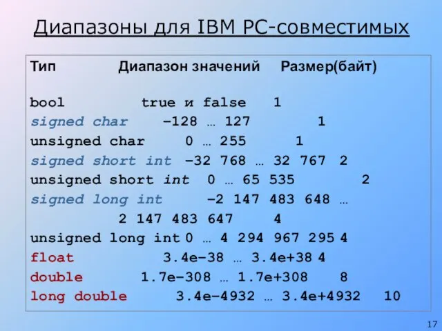 Диапазоны для IBM PC-совместимых Тип Диапазон значений Размер(байт) bool true и false