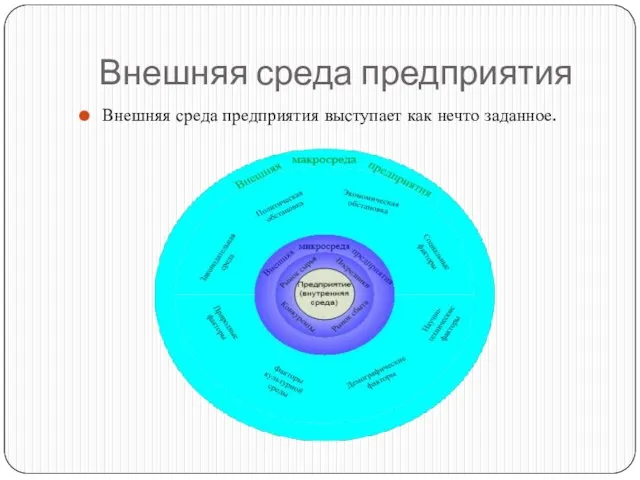 Внешняя среда предприятия Внешняя среда предприятия выступает как нечто заданное.