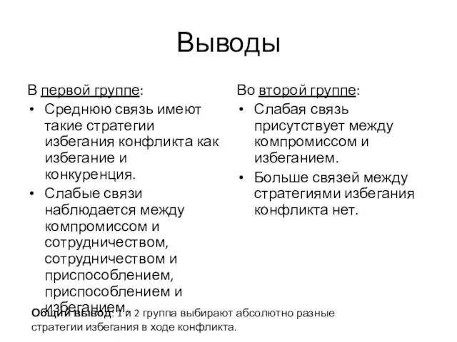 Выводы В первой группе: Среднюю связь имеют такие стратегии избегания конфликта как