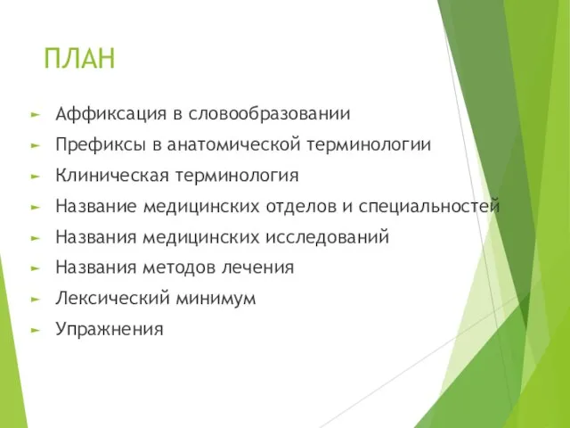 ПЛАН Аффиксация в словообразовании Префиксы в анатомической терминологии Клиническая терминология Название медицинских