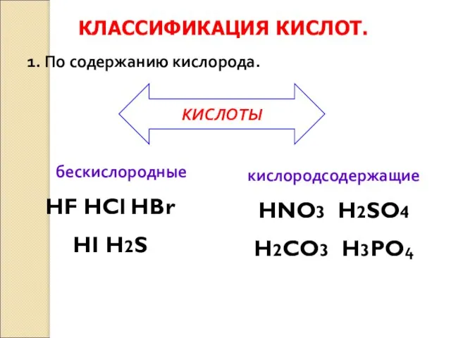 КЛАССИФИКАЦИЯ КИСЛОТ. бескислородные HF HCl HBr HI H2S 1. По содержанию кислорода.