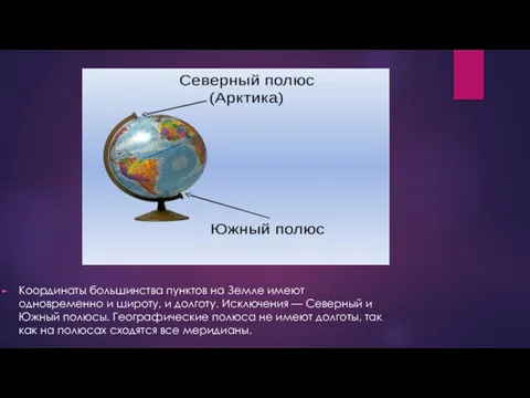 Координаты большинства пунктов на Земле имеют одновременно и широту, и долготу. Исключения