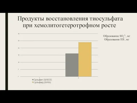 Продукты восстановления тиосульфата при хемолитогетеротрофном росте Образование SO32-, мг Образование HS-, мг