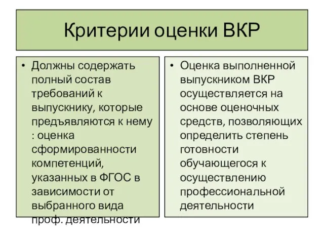 Критерии оценки ВКР Должны содержать полный состав требований к выпускнику, которые предъявляются