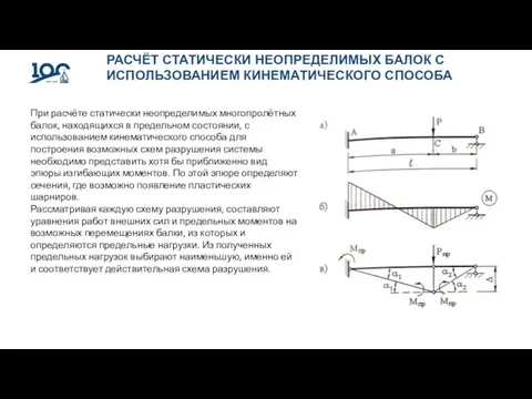 РАСЧЁТ СТАТИЧЕСКИ НЕОПРЕДЕЛИМЫХ БАЛОК С ИСПОЛЬЗОВАНИЕМ КИНЕМАТИЧЕСКОГО СПОСОБА При расчёте статически неопределимых