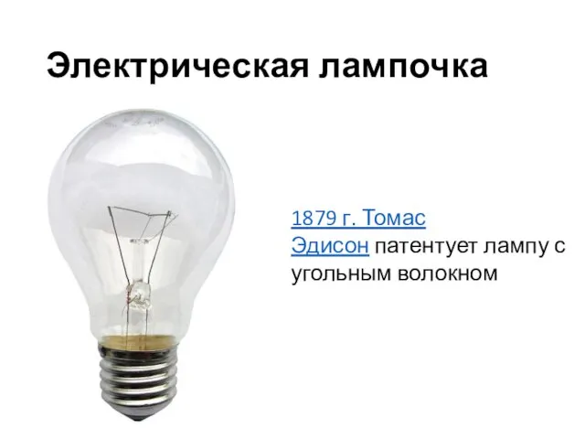 Электрическая лампочка 1879 г. Томас Эдисон патентует лампу с угольным волокном