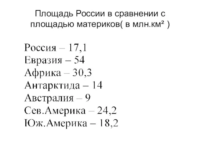 Площадь России в сравнении с площадью материков( в млн.км² )