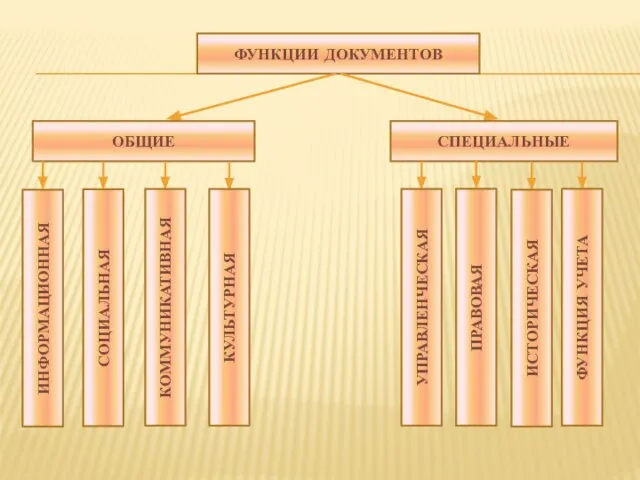 ФУНКЦИИ ДОКУМЕНТОВ ОБЩИЕ СПЕЦИАЛЬНЫЕ ИНФОРМАЦИОННАЯ СОЦИАЛЬНАЯ КОММУНИКАТИВНАЯ КУЛЬТУРНАЯ УПРАВЛЕНЧЕСКАЯ ПРАВОВАЯ ИСТОРИЧЕСКАЯ ФУНКЦИЯ УЧЕТА