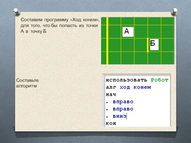 Составим программу «Ход конем», для того, что бы попасть из точки А