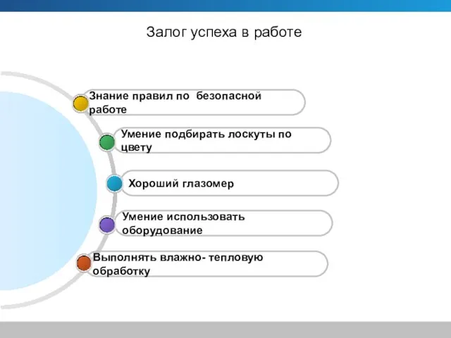 Залог успеха в работе Выполнять влажно- тепловую обработку Умение использовать оборудование Хороший