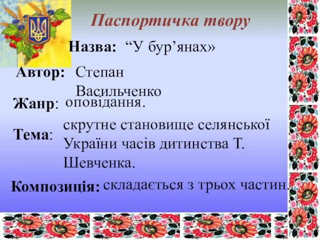 Тема: Жанр: Назва: Автор: Паспортичка твору “У бур’янах» Степан Васильченко оповідання. скрутне