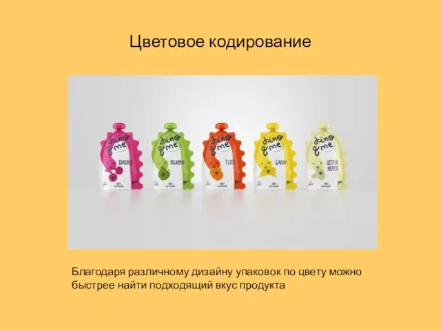 Цветовое кодирование Благодаря различному дизайну упаковок по цвету можно быстрее найти подходящий вкус продукта