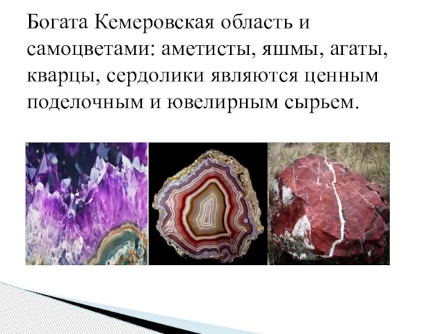 Богата Кемеровская область и самоцветами: аметисты, яшмы, агаты, кварцы, сердолики являются ценным поделочным и ювелирным сырьем.