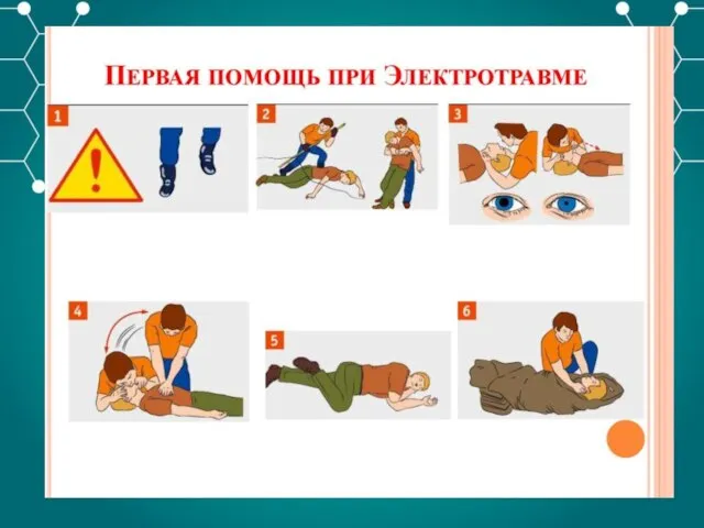 Первая помощь: 1)Убедиться в собственной безопасности 2)Освободить пострадавшего от воздействия тока (сухое