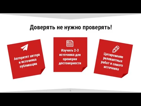 Авторитет автора и источника публикации Изучить 2-3 источника для проверки достоверности Цитирование