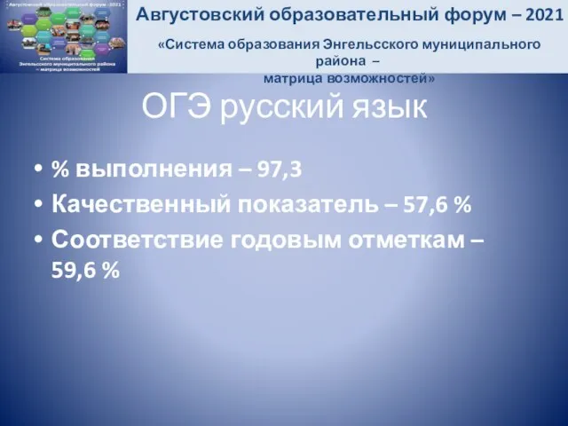 ОГЭ русский язык % выполнения – 97,3 Качественный показатель – 57,6 %
