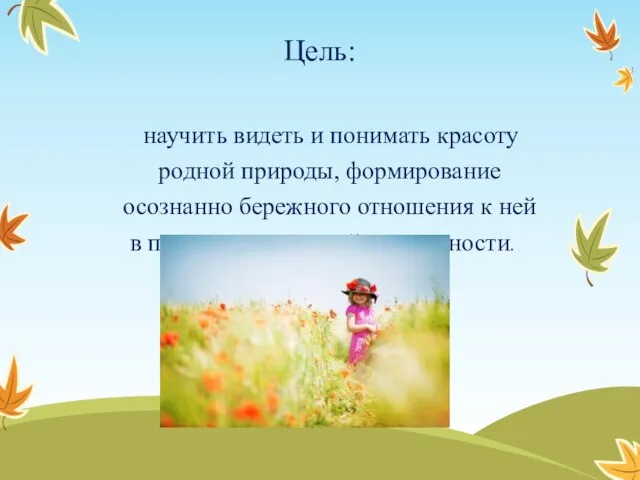 Цель: научить видеть и понимать красоту родной природы, формирование осознанно бережного отношения