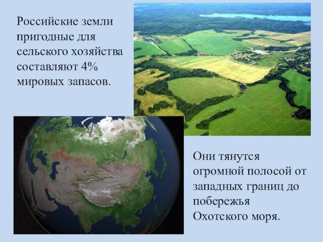 Российские земли пригодные для сельского хозяйства составляют 4% мировых запасов. Они тянутся