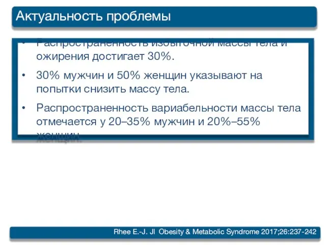 Актуальность проблемы Распространенность избыточной массы тела и ожирения достигает 30%. 30% мужчин