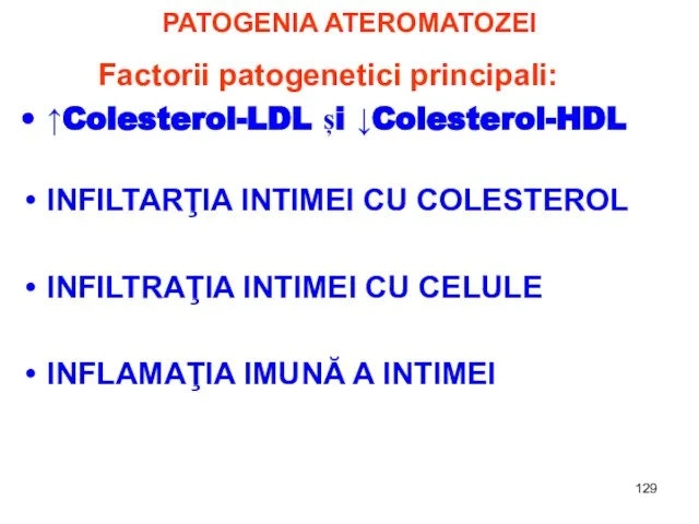 PATOGENIA ATEROMATOZEI Factorii patogenetici principali: ↑Colesterol-LDL și ↓Colesterol-HDL INFILTARŢIA INTIMEI CU COLESTEROL