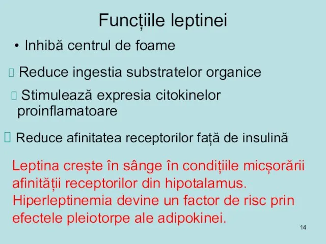 Funcțiile leptinei Inhibă centrul de foame Reduce ingestia substratelor organice Stimulează expresia