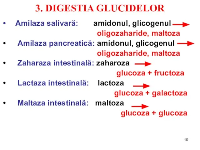 3. DIGESTIA GLUCIDELOR Amilaza salivară: amidonul, glicogenul oligozaharide, maltoza Amilaza pancreatică: amidonul,