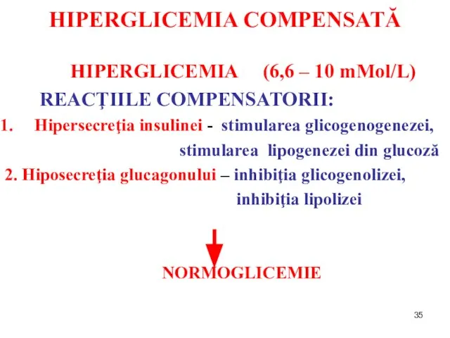 HIPERGLICEMIA COMPENSATĂ HIPERGLICEMIA (6,6 – 10 mMol/L) REACŢIILE COMPENSATORII: Hipersecreţia insulinei -