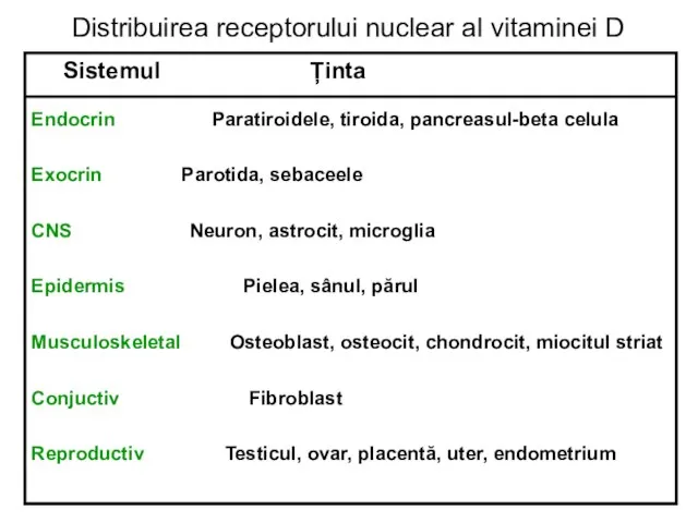 Distribuirea receptorului nuclear al vitaminei D Sistemul Ținta Endocrin Paratiroidele, tiroida, pancreasul-beta