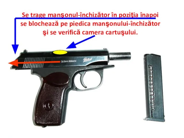 Se trage manşonul-închizător în poziţia înapoi se blochează pe piedica manşonului-închizător şi se verifică camera cartuşului.