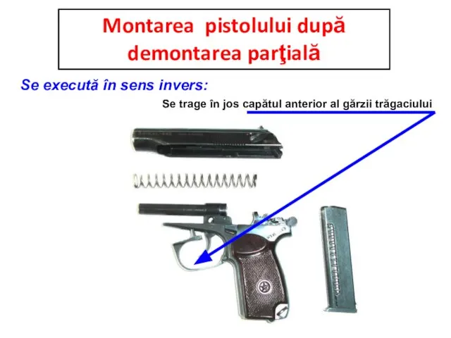 Montarea pistolului după demontarea parţială Se execută în sens invers: Se trage