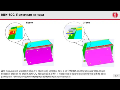 КВК-800. Приемная камера Было Стало Для повышения износостойкости приемной камеры КВС-1-01474000А обеспечено