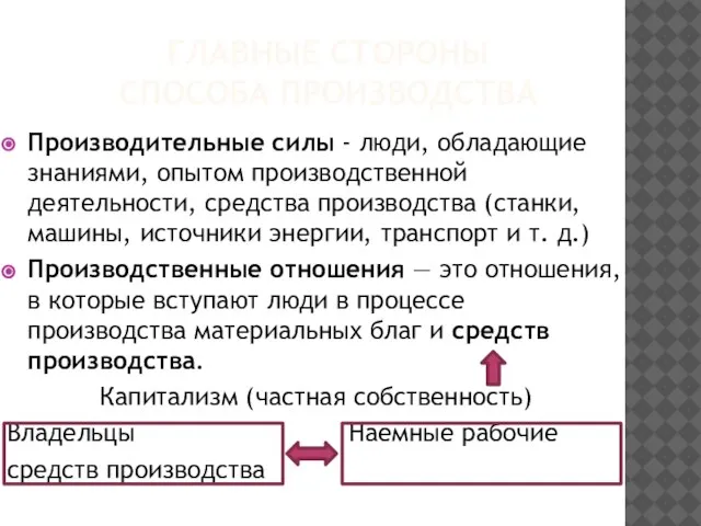 ГЛАВНЫЕ СТОРОНЫ СПОСОБА ПРОИЗВОДСТВА Производительные силы - люди, обладающие знаниями, опытом производственной