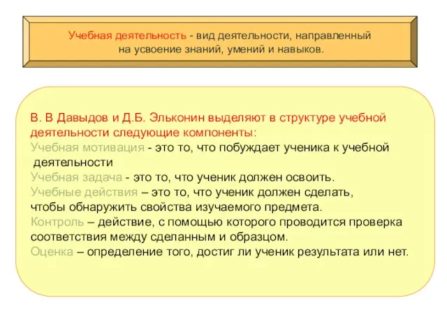 Учебная деятельность - вид деятельности, направленный на усвоение знаний, умений и навыков.