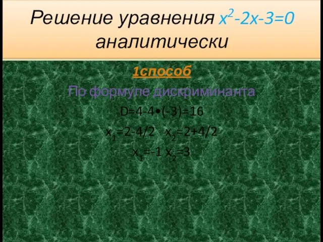 Решение уравнения x2-2x-3=0 аналитически 1способ По формуле дискриминанта D=4-4•(-3)=16 x1=2-4/2 x2=2+4/2 x1=-1 x2=3