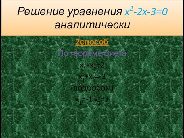 Решение уравнения x2-2x-3=0 аналитически 2способ По теореме Виета x1+x2=2 x1•x2=-3 (подбором) x1=-1 x2=3