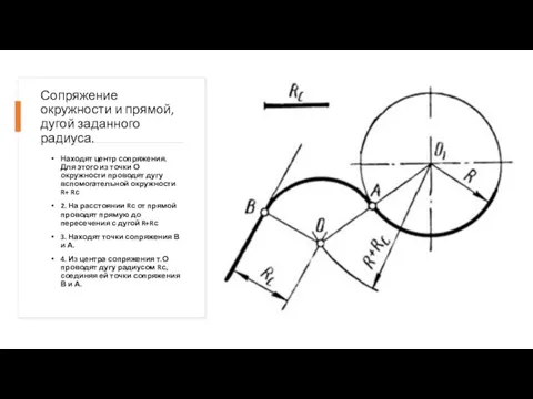 Сопряжение окружности и прямой,дугой заданного радиуса. Находят центр сопряжения. Для этого из