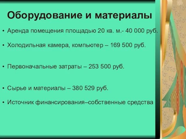 Оборудование и материалы Аренда помещения площадью 20 кв. м.- 40 000 руб.