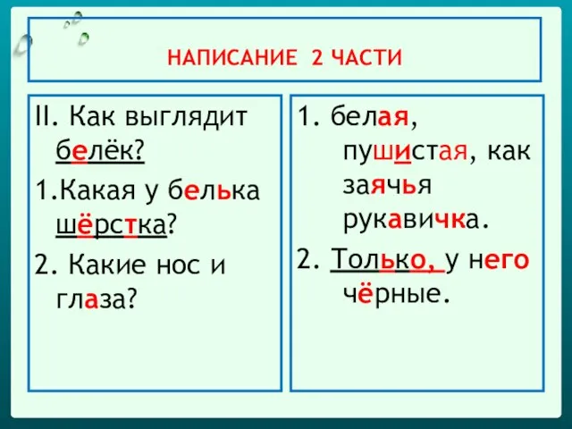 НАПИСАНИЕ 2 ЧАСТИ II. Как выглядит белёк? 1.Какая у белька шёрстка? 2.