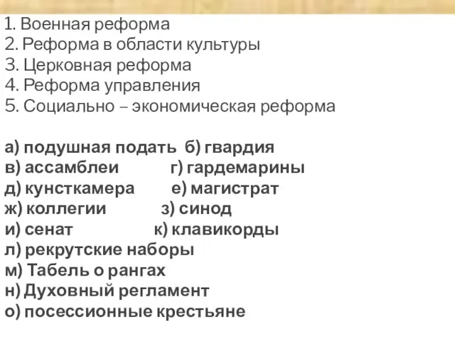 1. Военная реформа 2. Реформа в области культуры 3. Церковная реформа 4.