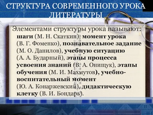 СТРУКТУРА СОВРЕМЕННОГО УРОКА ЛИТЕРАТУРЫ Элементами структуры урока называют: шаги (М. Н. Скаткин),